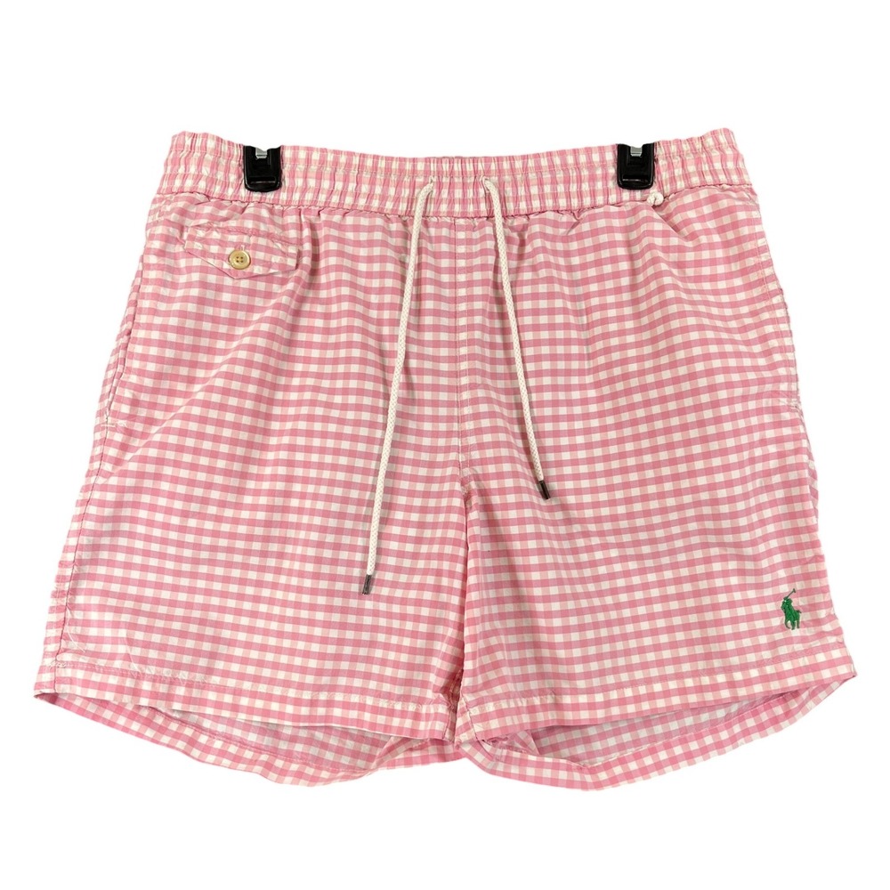 Polo Ralph Lauren Swim Trunks Mens M Pink Gingham Check Pony Logo Beach Pool